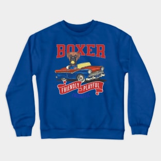 Funny and cute boxer dog in a retro vintage classic car with banners that are red white and blue Crewneck Sweatshirt